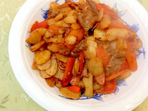菊芋と牛肉、人参のケチャップ炒め